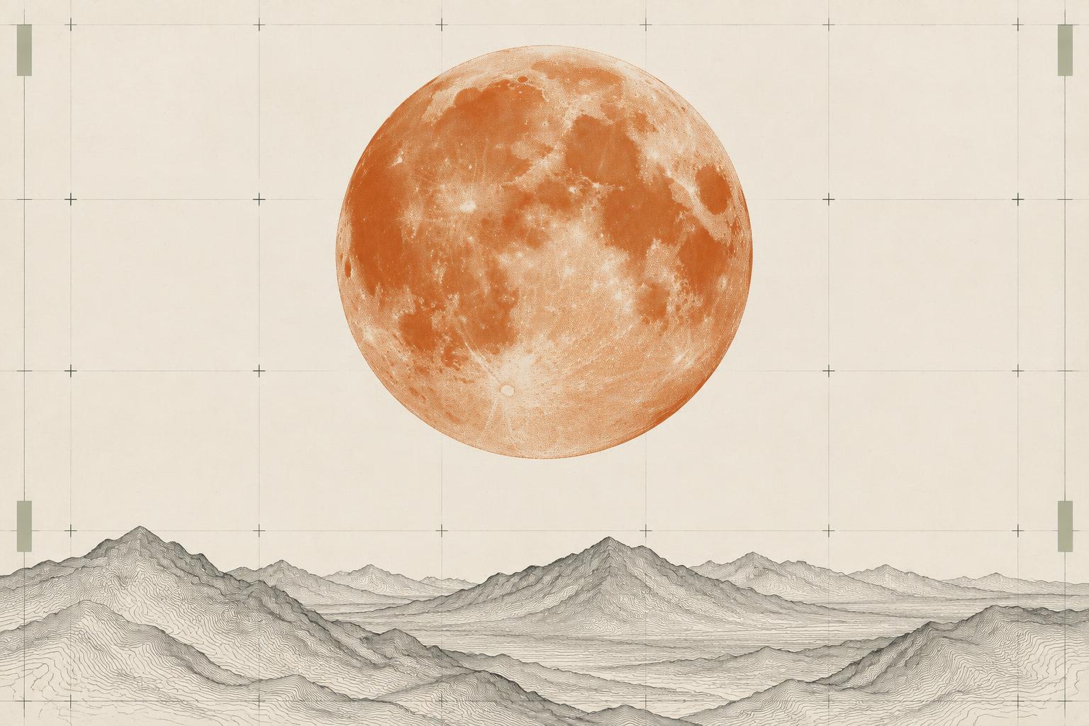 An orange full moon above a mountain landscape drawn with topographic contours